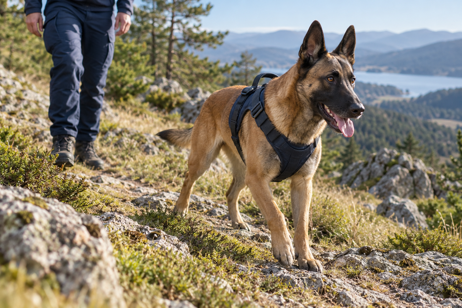 Imagen ilustrativa de un perro de búsqueda y rescate junto a su guía en un sendero